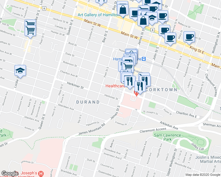 map of restaurants, bars, coffee shops, grocery stores, and more near in Hamilton