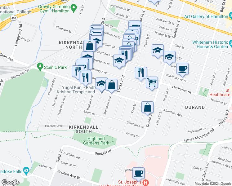 map of restaurants, bars, coffee shops, grocery stores, and more near 315 B Aberdeen Avenue in Hamilton