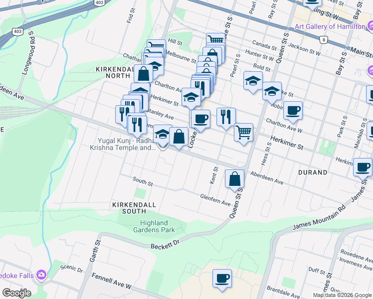 map of restaurants, bars, coffee shops, grocery stores, and more near 312 Aberdeen Avenue in Hamilton