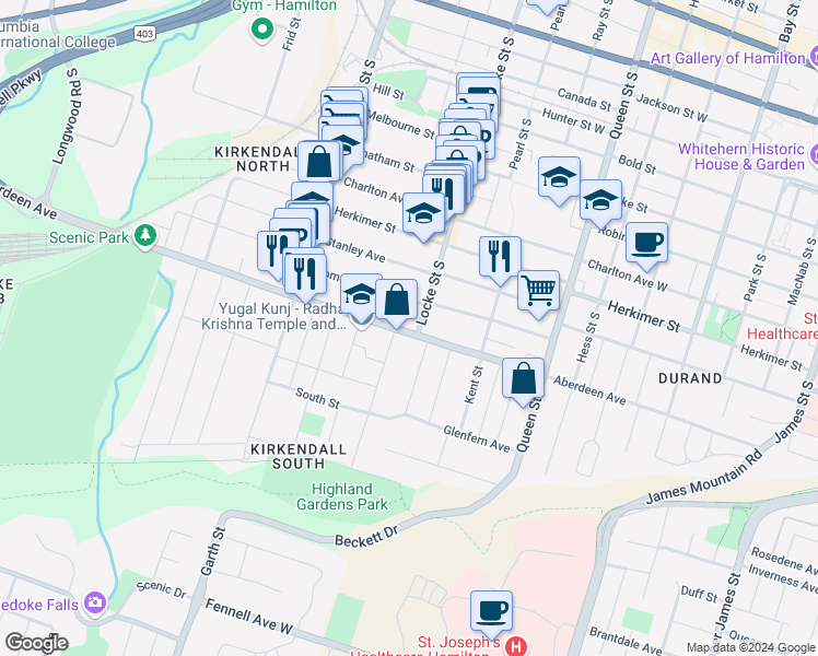 map of restaurants, bars, coffee shops, grocery stores, and more near 316 Aberdeen Avenue in Hamilton