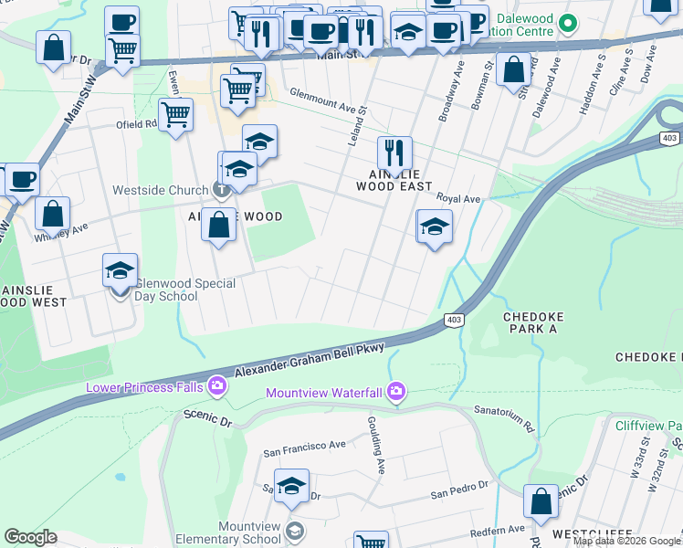 map of restaurants, bars, coffee shops, grocery stores, and more near 65 Hillview Street in Hamilton