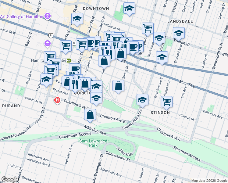 map of restaurants, bars, coffee shops, grocery stores, and more near 67 Liberty Street in Hamilton