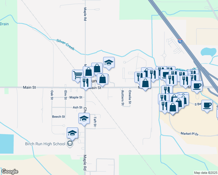 map of restaurants, bars, coffee shops, grocery stores, and more near 8225 Main Street in Birch Run