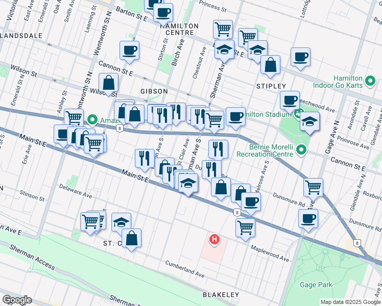 map of restaurants, bars, coffee shops, grocery stores, and more near 34 Sherman Avenue South in Hamilton
