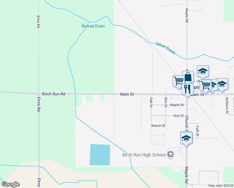 map of restaurants, bars, coffee shops, grocery stores, and more near 9600 Birch Run Road in Birch Run