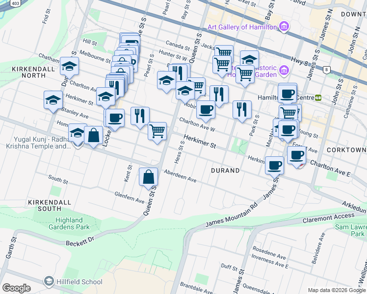 map of restaurants, bars, coffee shops, grocery stores, and more near 285 Hess Street South in Hamilton