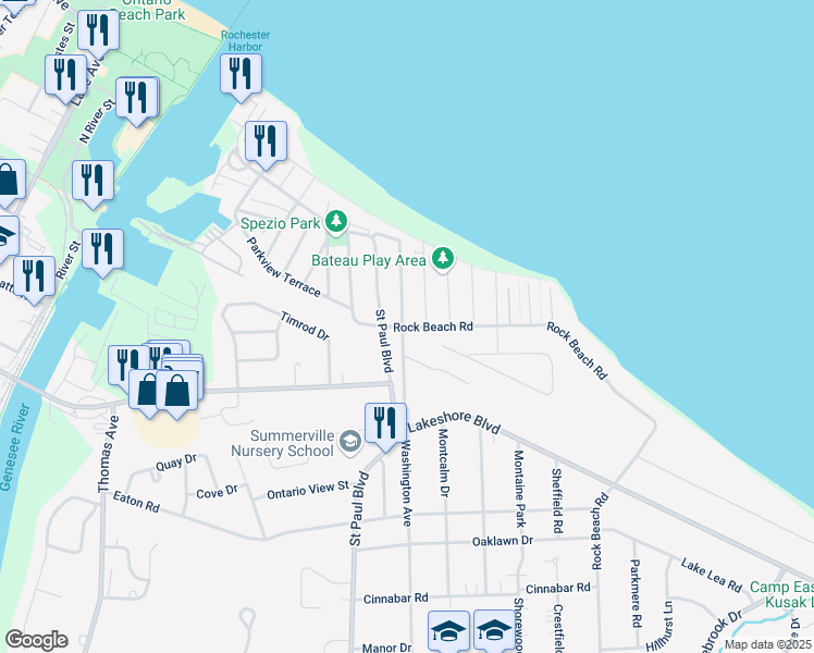 map of restaurants, bars, coffee shops, grocery stores, and more near 588 Rock Beach Road in Rochester