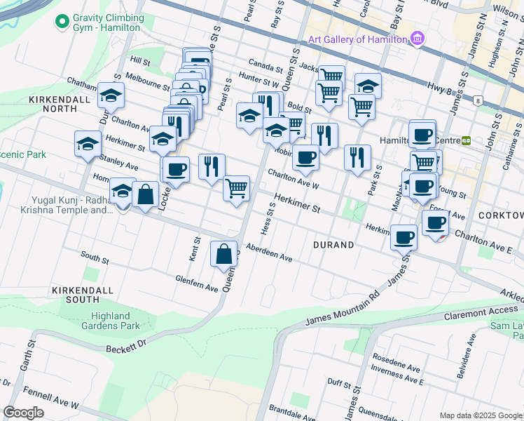 map of restaurants, bars, coffee shops, grocery stores, and more near 184 Markland Street in Hamilton