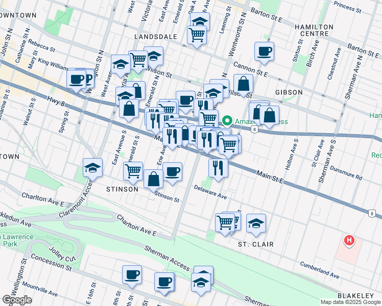 map of restaurants, bars, coffee shops, grocery stores, and more near 91 Grant Avenue in Hamilton