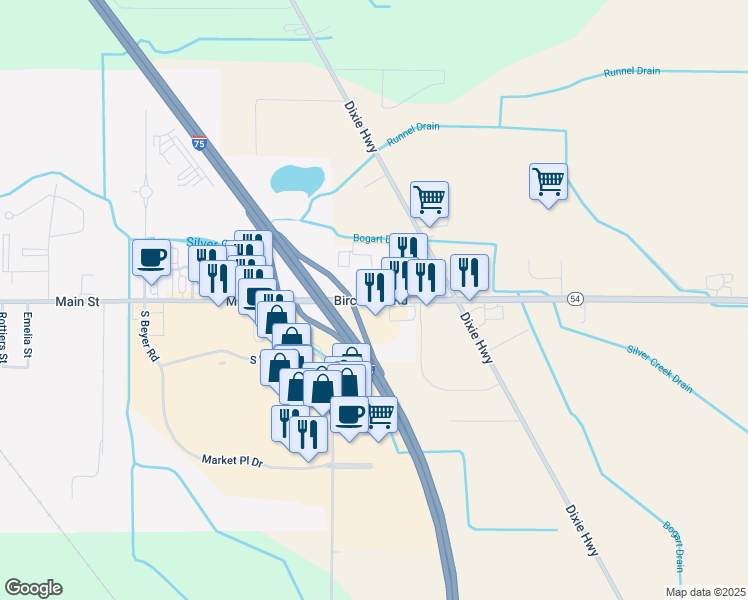 map of restaurants, bars, coffee shops, grocery stores, and more near 9515 Birch Run Road in Birch Run