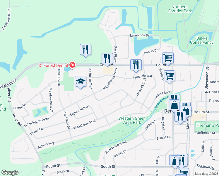 map of restaurants, bars, coffee shops, grocery stores, and more near 424 Old Indian Trail in DeForest