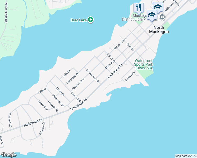 map of restaurants, bars, coffee shops, grocery stores, and more near 801 Ruddiman Drive in Muskegon