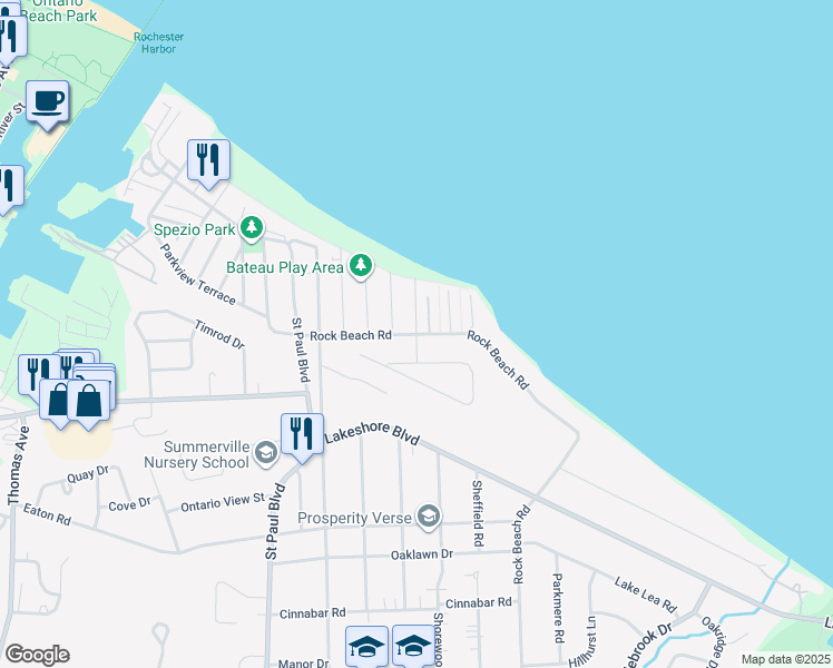 map of restaurants, bars, coffee shops, grocery stores, and more near Rock Beach Road & Delta Terrace in Rochester