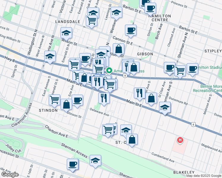 map of restaurants, bars, coffee shops, grocery stores, and more near 50 Sanford Avenue South in Hamilton