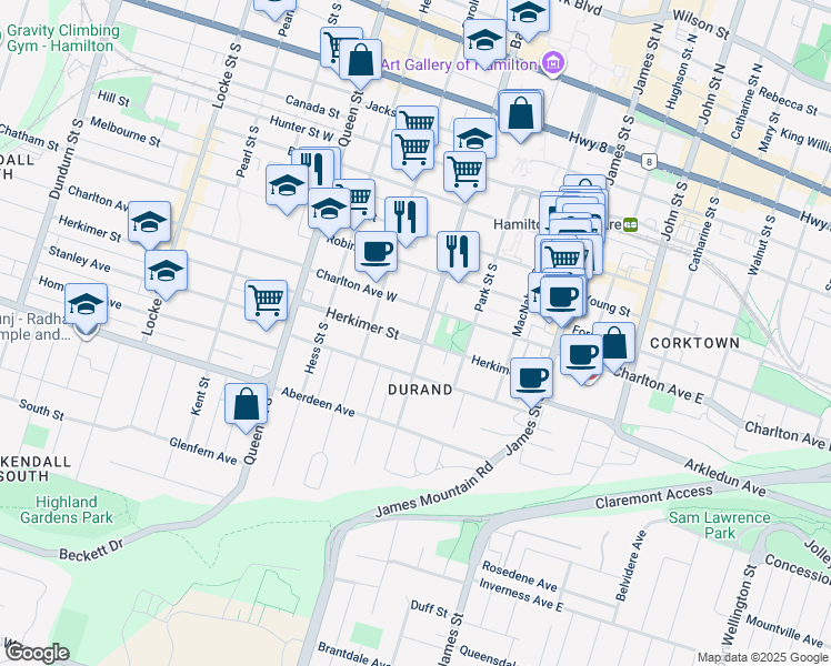 map of restaurants, bars, coffee shops, grocery stores, and more near 86 Herkimer Street in Hamilton