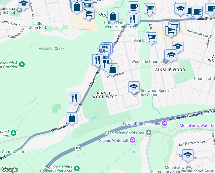 map of restaurants, bars, coffee shops, grocery stores, and more near 63 Beaucourt Road in Hamilton