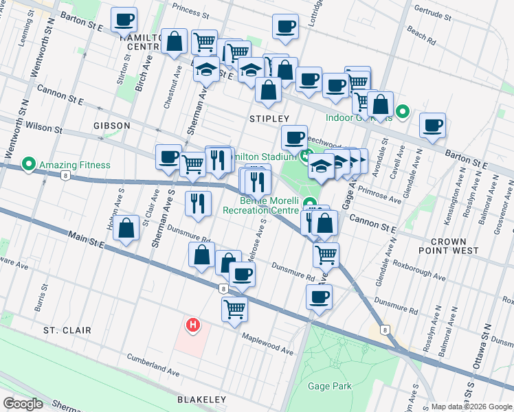 map of restaurants, bars, coffee shops, grocery stores, and more near 1012 King Street East in Hamilton