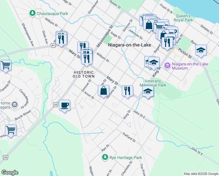 map of restaurants, bars, coffee shops, grocery stores, and more near 111 Mary Street in Niagara-on-the-Lake