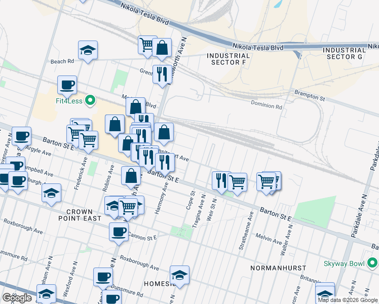 map of restaurants, bars, coffee shops, grocery stores, and more near 57 Division Street in Hamilton