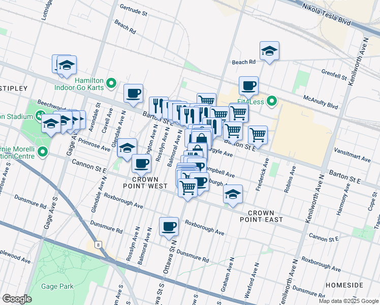 map of restaurants, bars, coffee shops, grocery stores, and more near 276 Grosvenor Avenue North in Hamilton