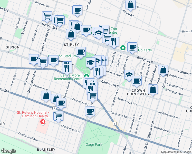map of restaurants, bars, coffee shops, grocery stores, and more near 46 Connaught Avenue North in Hamilton