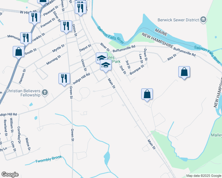map of restaurants, bars, coffee shops, grocery stores, and more near 340 Main Street in Somersworth
