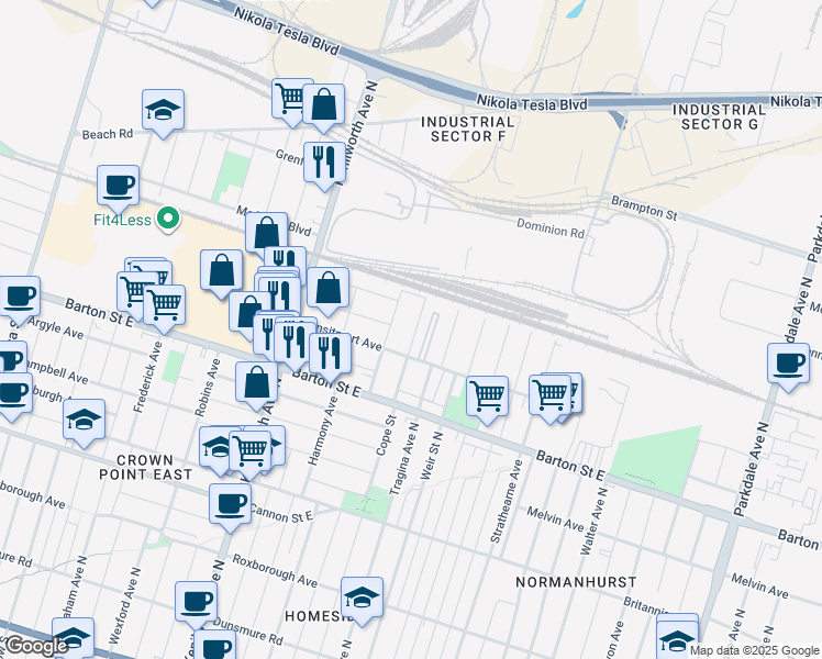 map of restaurants, bars, coffee shops, grocery stores, and more near in Hamilton