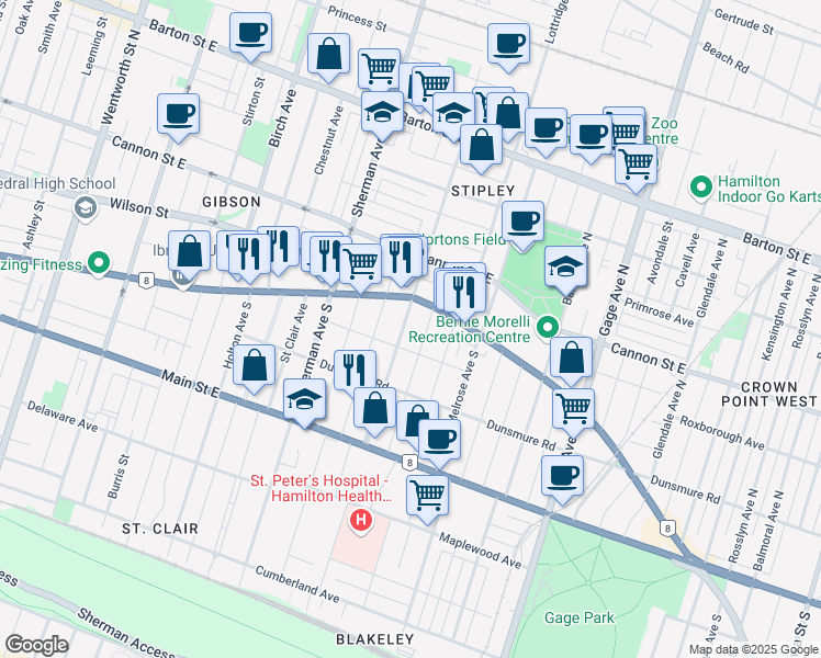 map of restaurants, bars, coffee shops, grocery stores, and more near in Hamilton