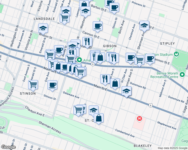 map of restaurants, bars, coffee shops, grocery stores, and more near in Hamilton