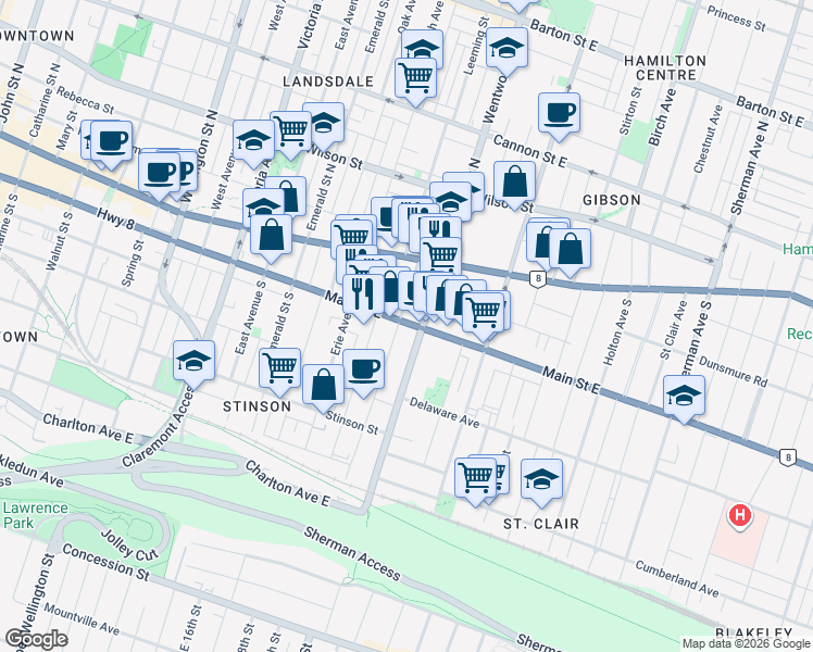 map of restaurants, bars, coffee shops, grocery stores, and more near in Hamilton