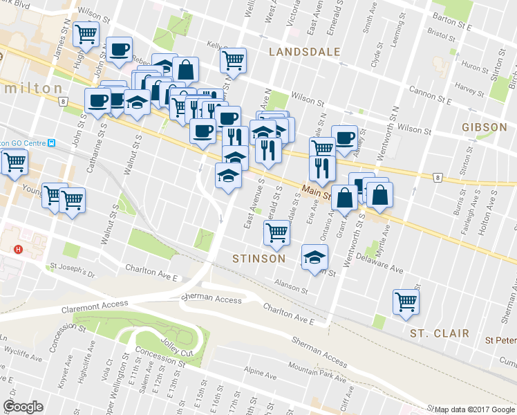 map of restaurants, bars, coffee shops, grocery stores, and more near in Hamilton
