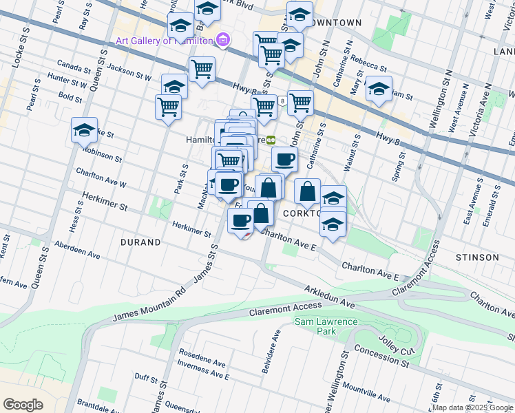map of restaurants, bars, coffee shops, grocery stores, and more near 43 Forest Avenue in Hamilton