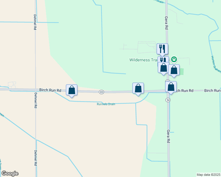 map of restaurants, bars, coffee shops, grocery stores, and more near 10565 Birch Run Road in Birch Run