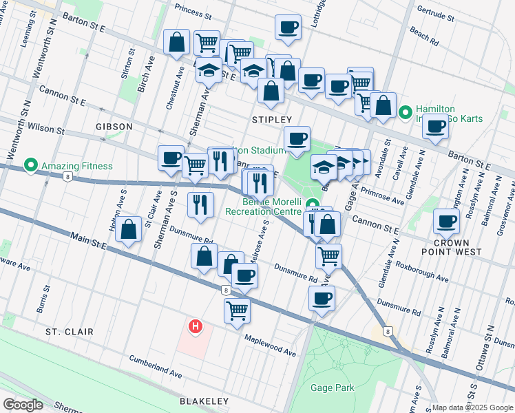 map of restaurants, bars, coffee shops, grocery stores, and more near in Hamilton