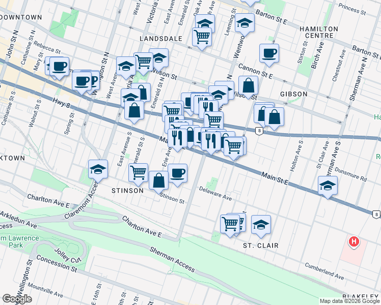 map of restaurants, bars, coffee shops, grocery stores, and more near 484 Main Street East in Hamilton