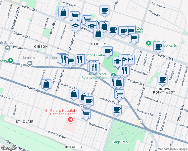 map of restaurants, bars, coffee shops, grocery stores, and more near 1012 King Street East in Hamilton