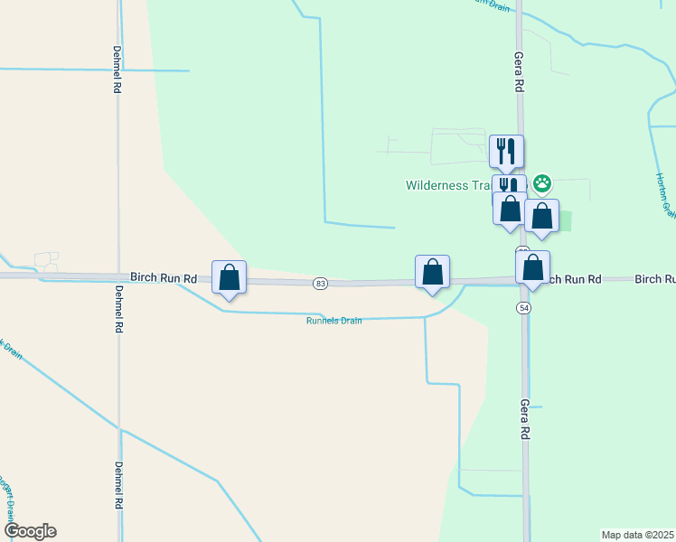 map of restaurants, bars, coffee shops, grocery stores, and more near 10565 Birch Run Road in Birch Run
