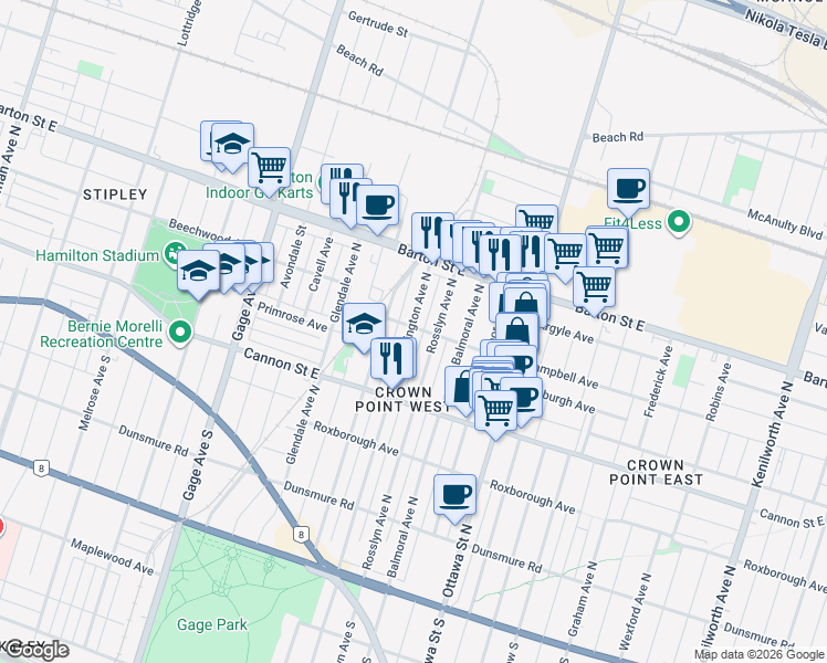 map of restaurants, bars, coffee shops, grocery stores, and more near 222 Kensington Avenue North in Hamilton