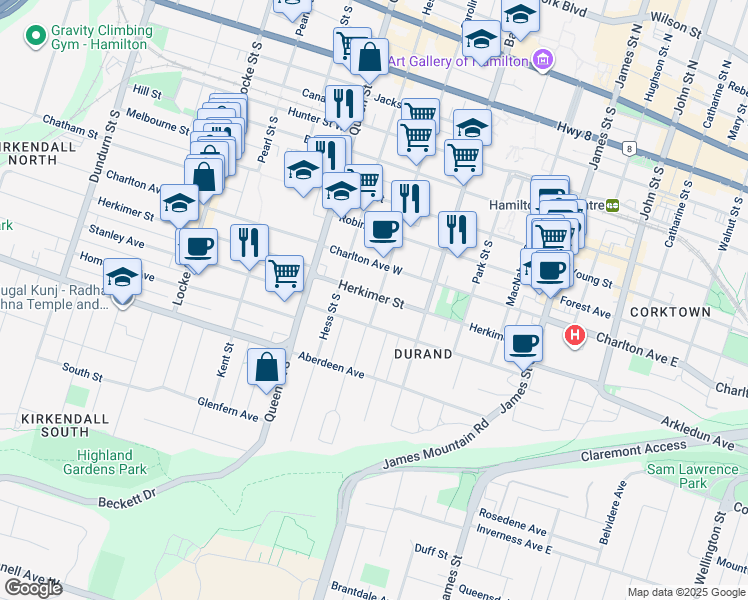 map of restaurants, bars, coffee shops, grocery stores, and more near 272 Caroline Street South in Hamilton