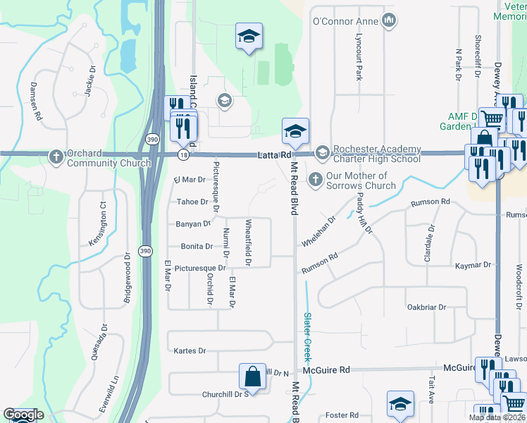 map of restaurants, bars, coffee shops, grocery stores, and more near 210 Picturesque Drive in Rochester