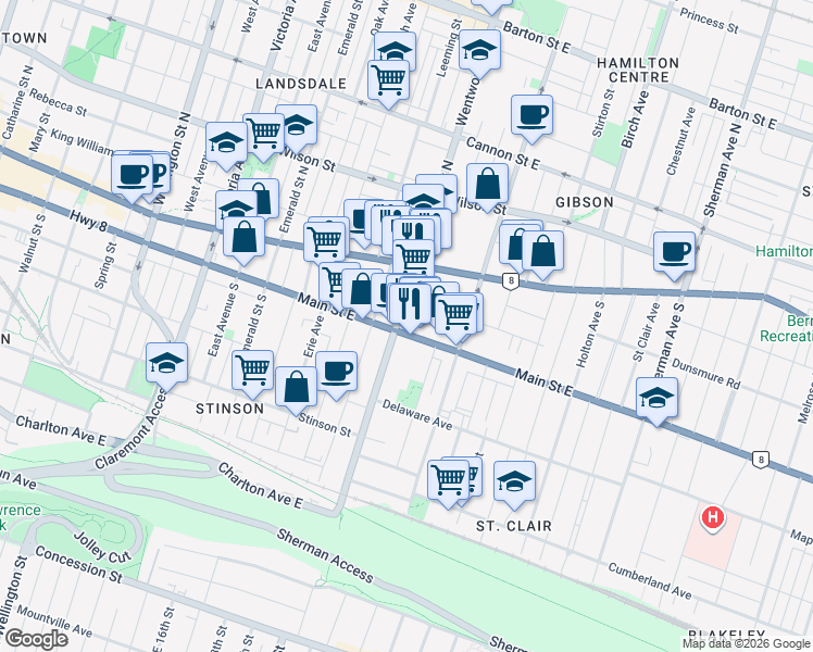 map of restaurants, bars, coffee shops, grocery stores, and more near 515 Main Street East in Hamilton