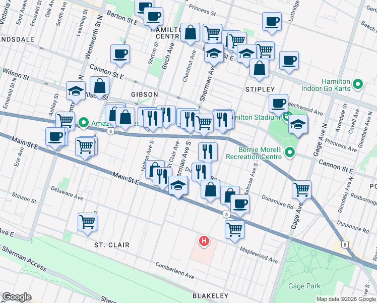 map of restaurants, bars, coffee shops, grocery stores, and more near 2 Vineland Avenue in Hamilton