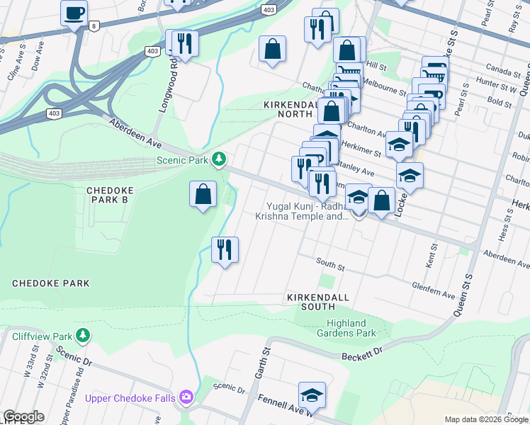 map of restaurants, bars, coffee shops, grocery stores, and more near 43 Flatt Avenue in Hamilton