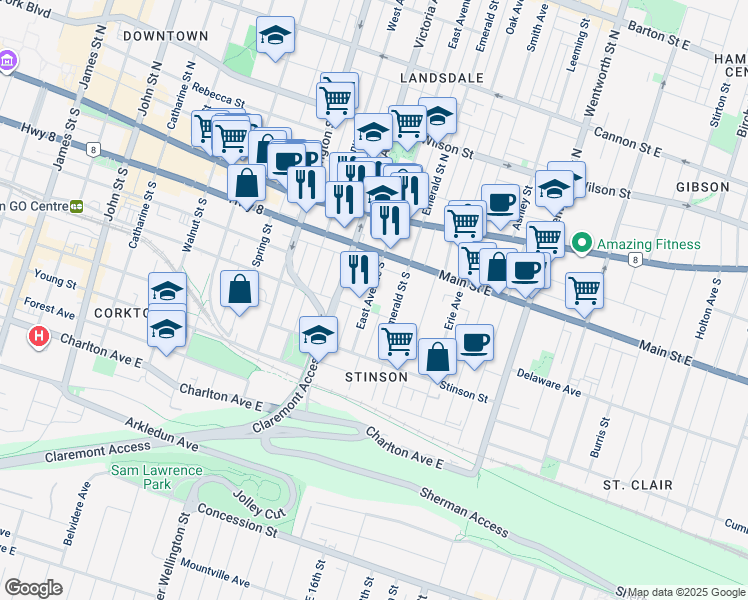 map of restaurants, bars, coffee shops, grocery stores, and more near 85 East Avenue South in Hamilton