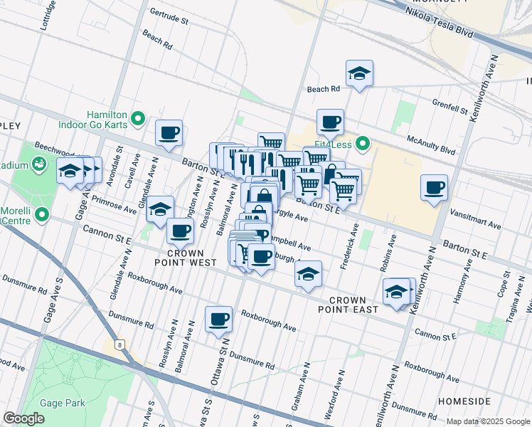 map of restaurants, bars, coffee shops, grocery stores, and more near 300 Ottawa Street North in Hamilton