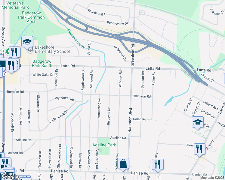 map of restaurants, bars, coffee shops, grocery stores, and more near 440 Biscayne Drive in Rochester