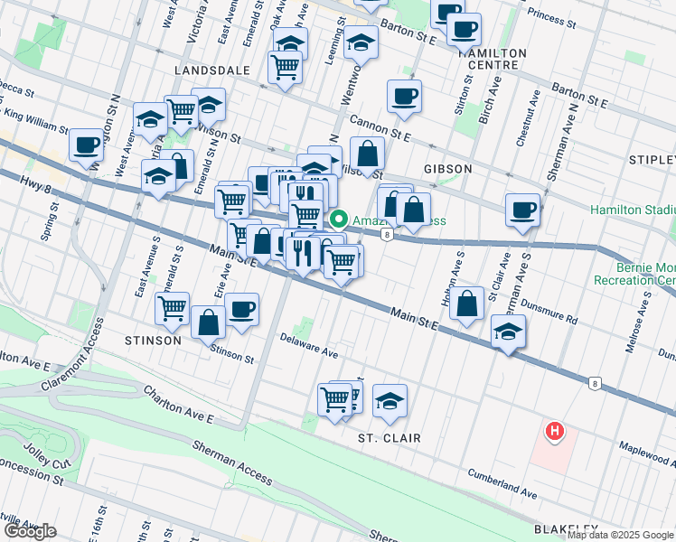 map of restaurants, bars, coffee shops, grocery stores, and more near in Hamilton