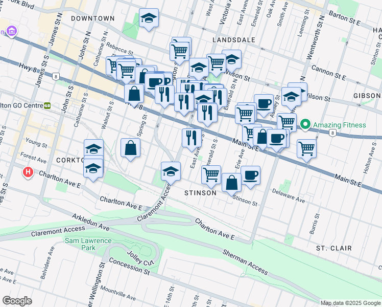 map of restaurants, bars, coffee shops, grocery stores, and more near in Hamilton