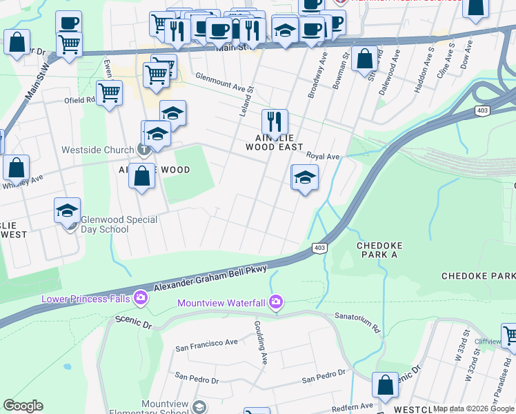 map of restaurants, bars, coffee shops, grocery stores, and more near 247 Emerson Street in Hamilton