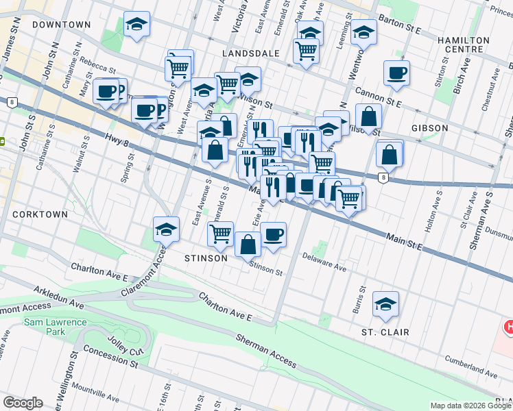 map of restaurants, bars, coffee shops, grocery stores, and more near 20 Erie Avenue in Hamilton